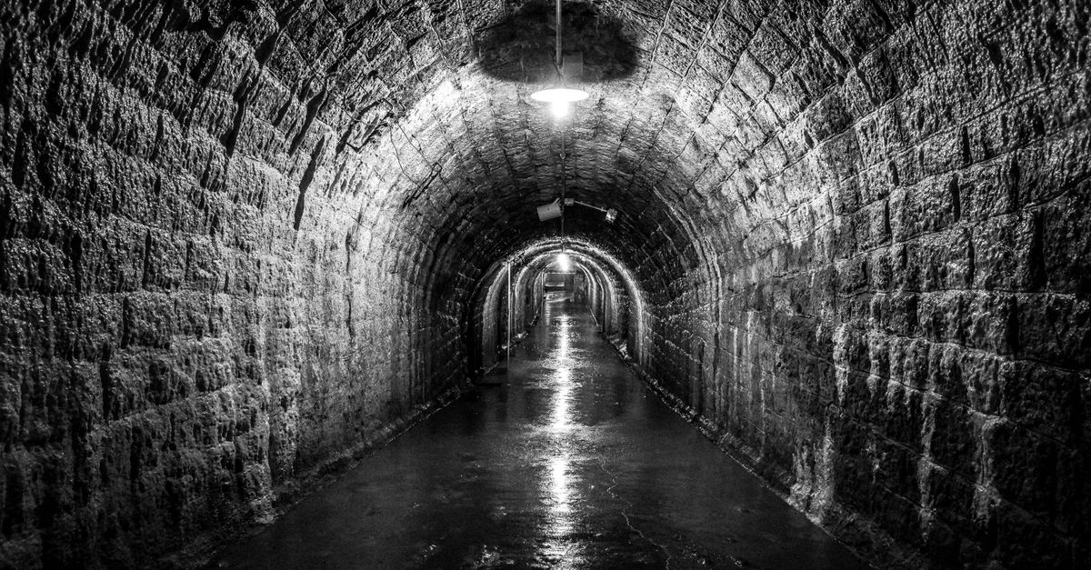Entrada de un túnel de piedra en un entorno boscoso